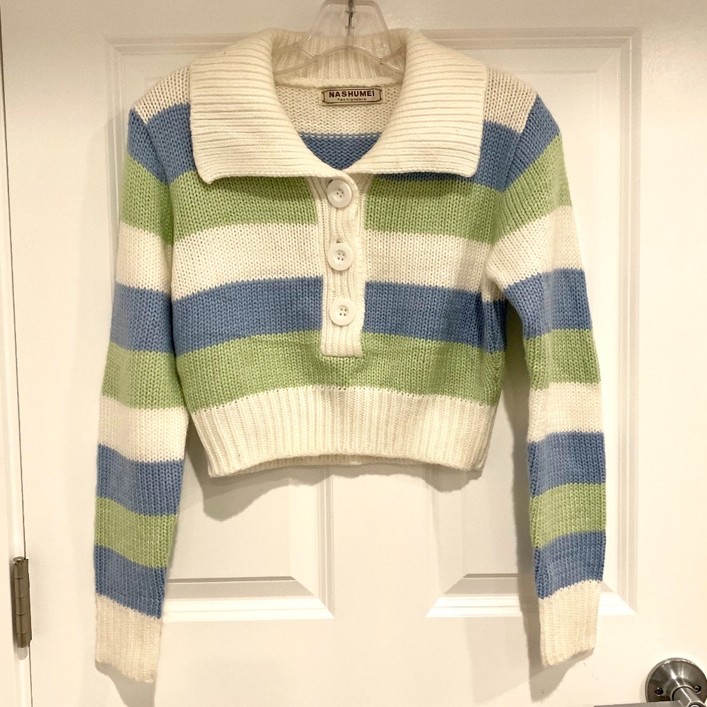Vintage Cropped Knit Sweater with Collar XS
